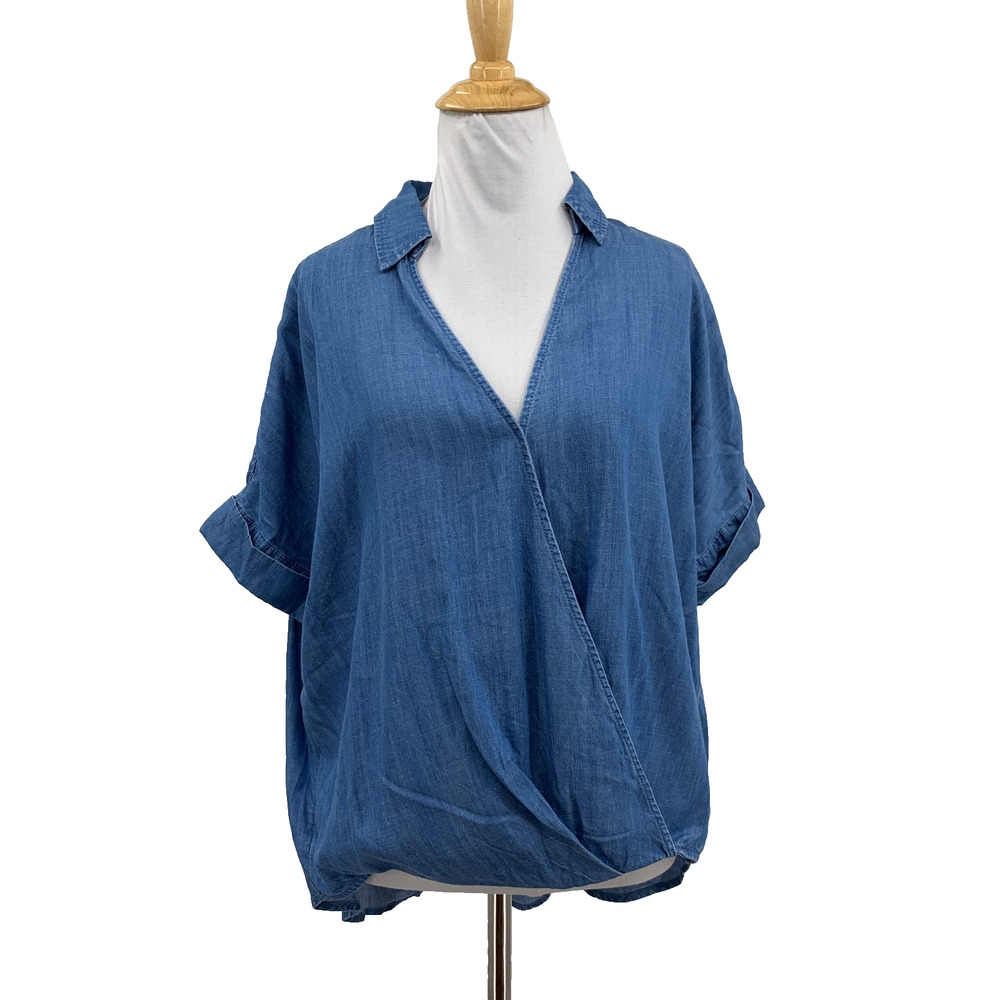 Lou & Grey Loft Blouse Women M Medium Blue Chambray Linen Blend Faux Wrap Collar
